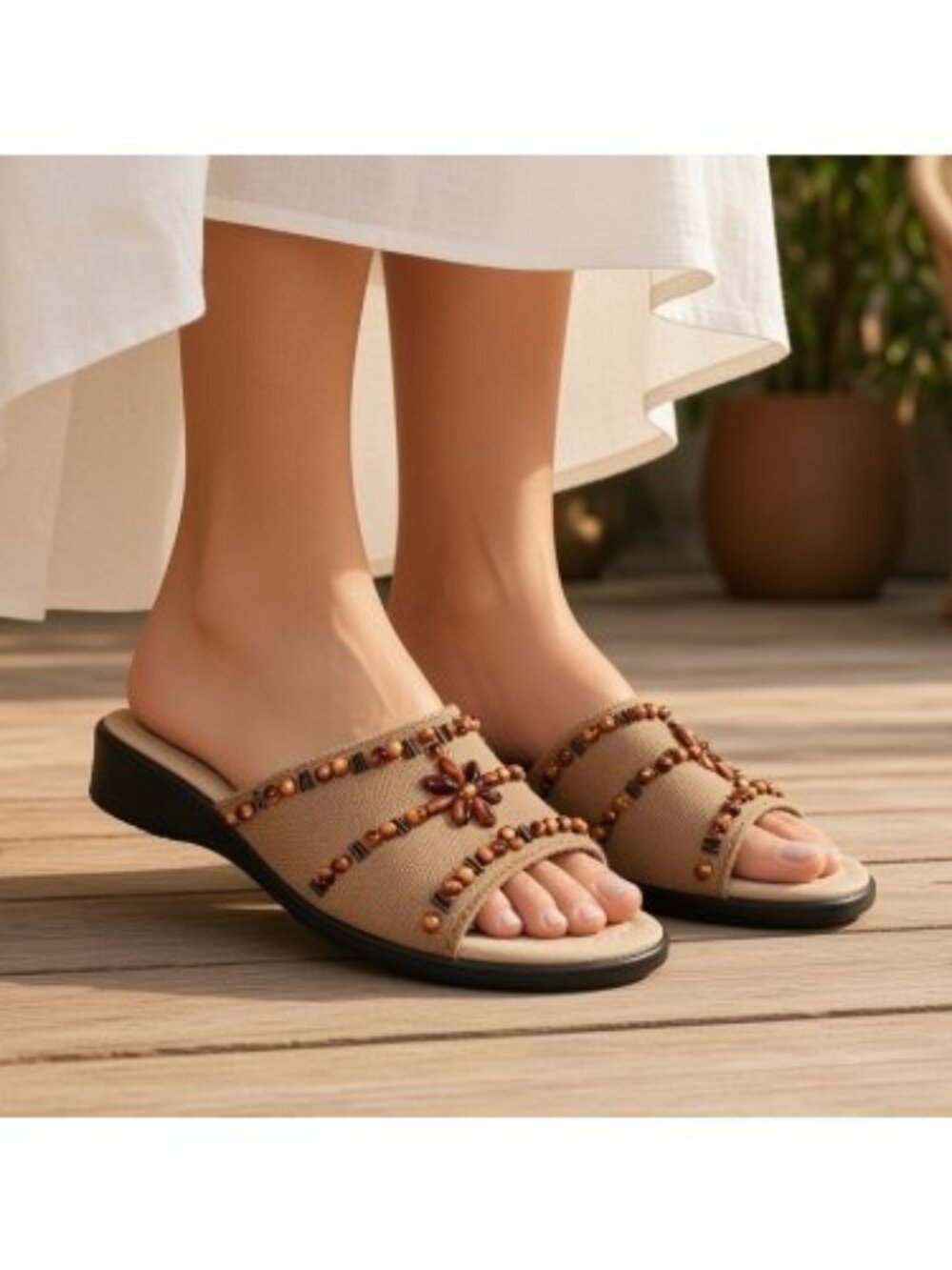 Beaded Top Burlap Slide Sandals Ladies Size 8